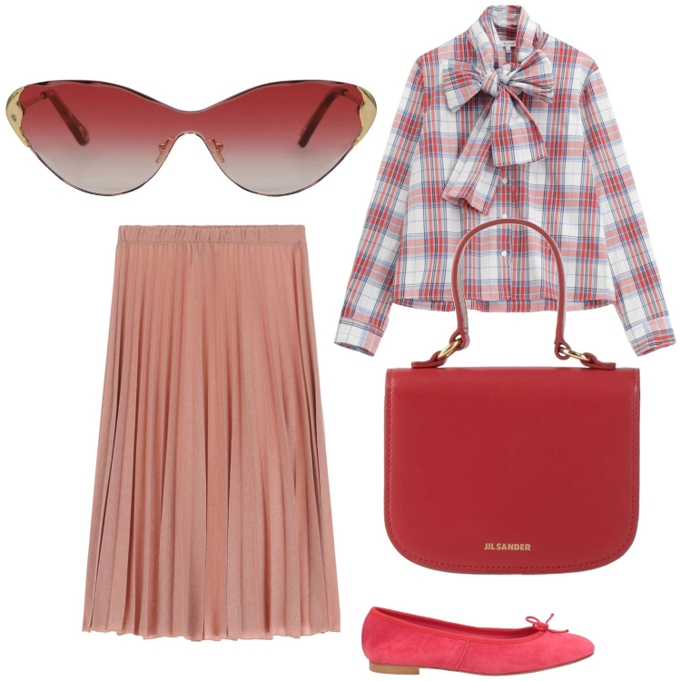 Outfit donna - Perfettamente adatta al lavoro. Stile Urban per Ufficio. Abbinamento con borse a mano, ballerine, occhiali da sole, gonne, camicie.
