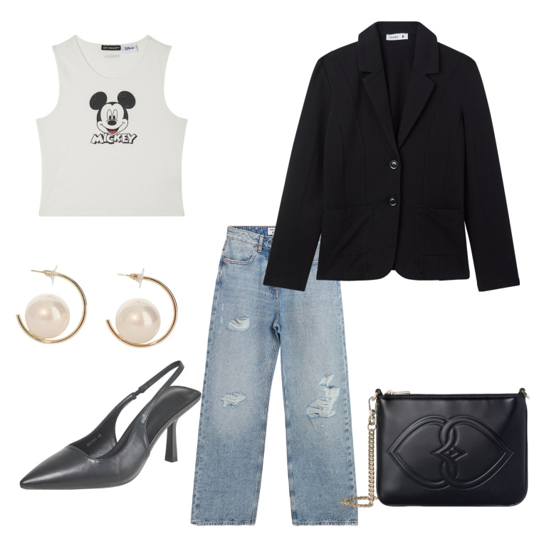 Outfit donna - Passeggiata in centro. Abbinamento con jeans strappati, décolleté, blazer, canottiere, orecchini, pochette.