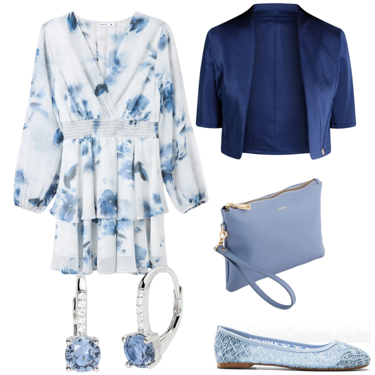 Outfit donna - Fiori azzurri. Stile Bon Ton per Cerimonia. Abbinamento con ballerine, orecchini, blazer, vestiti corti, pochette.