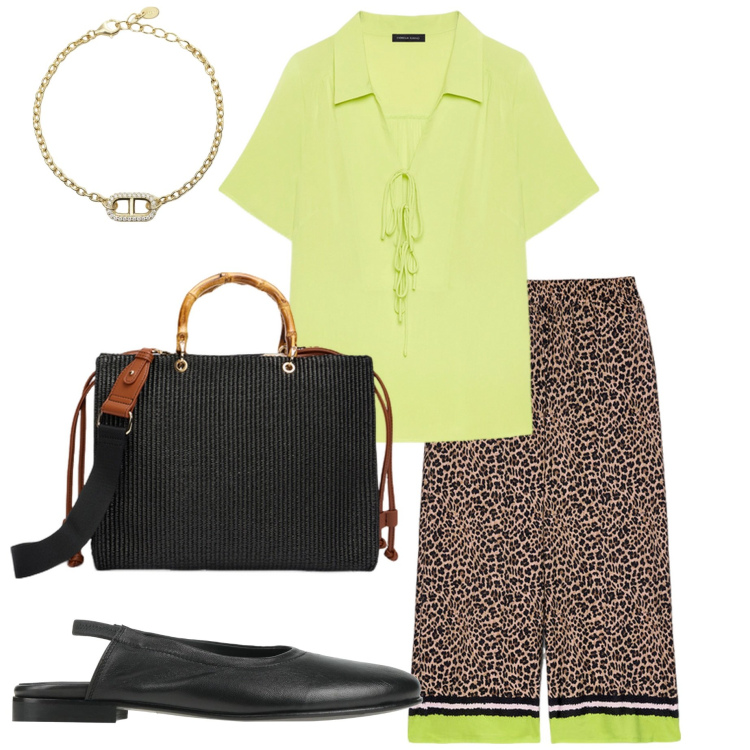 Outfit donna - Animalier. Stile Casual chic per Serata fuori. Abbinamento con ballerine, braccialetti, pantaloni, bluse, borse a mano.