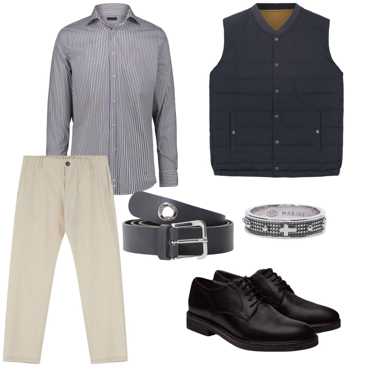 Outfit uomo - In ufficio. Stile Urban per Ufficio. Abbinamento con anelli, pantaloni, cinture, scarpe stringate, gilet, camicie.