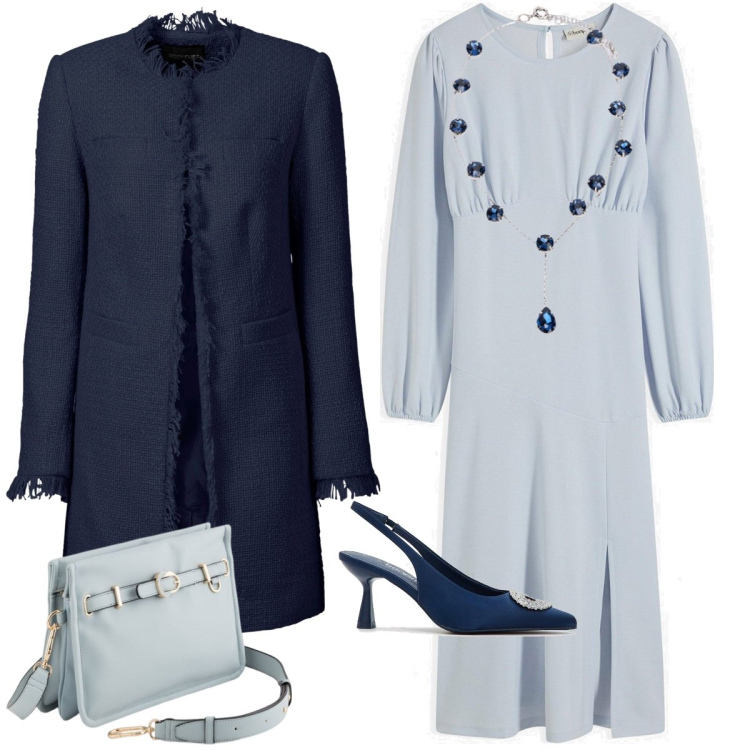 Outfit donna - Total look #2114558. Stile Chic per Cerimonia. Abbinamento con blazer, vestiti midi/longuette, décolleté, collane, borse a tracolla.