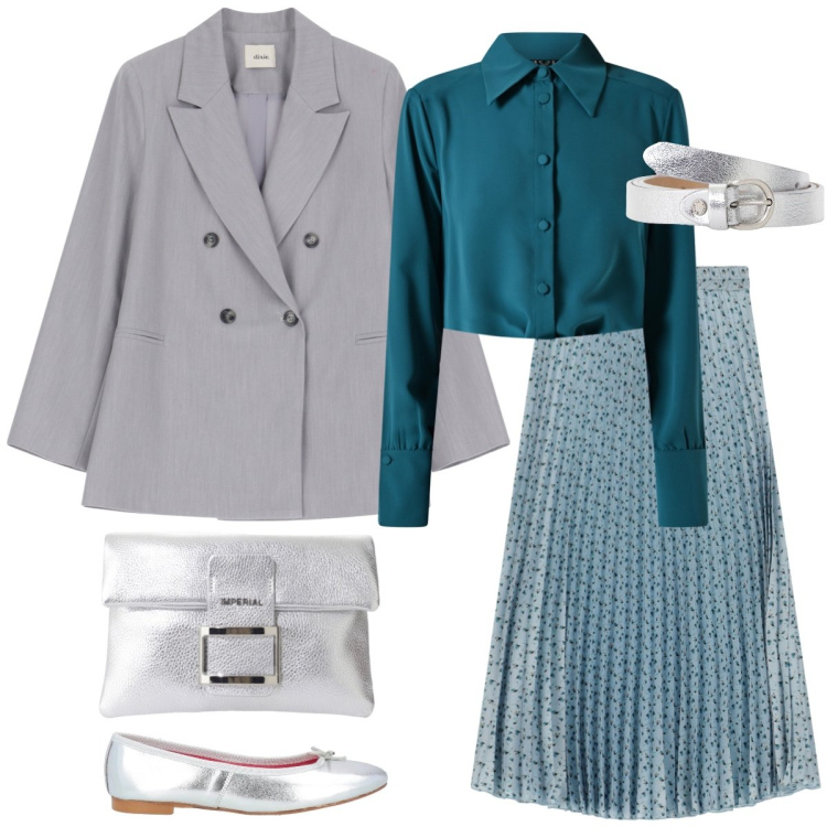 Outfit donna - Total look #2114566. Stile Bon Ton per Tutti i giorni. Abbinamento con ballerine, pochette, camicie, blazer, gonne lunghe, cinture.
