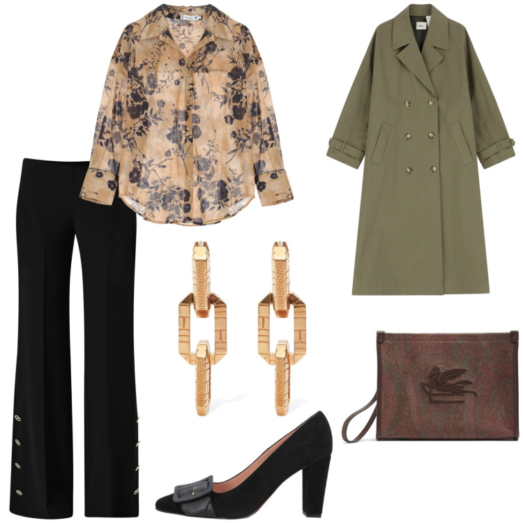 Outfit donna - Total look #2114567. Stile Casual chic per Tutti i giorni. Abbinamento con décolleté, trench, pantaloni a palazzo, camicie, clutch, orecchini.