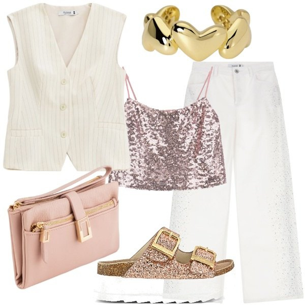 Outfit donna - Collezione Party by Please SS 2025. Stile Glamour per Serata fuori. Abbinamento con anelli, pantaloni, gilet, top, sandali, portafogli.
