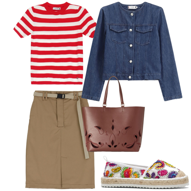 Outfit donna - Vado a fare la spesa. Stile Casual Abbinamento con espadrillas, gonne, maglieria, blazer, shopping bag.