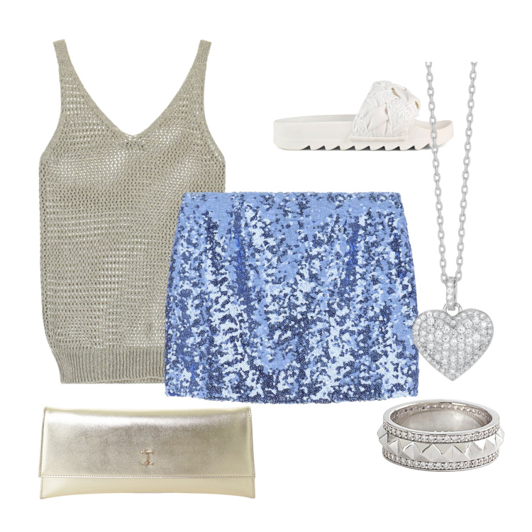 Outfit donna - Splendida la notte. Stile Glamour per Serata fuori. Abbinamento con anelli, collane, canottiere, minigonne, pochette, ciabatte.