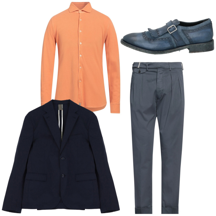 Outfit uomo - Blu e albicocca. Stile Casual per Serata speciale. Abbinamento con scarpe stringate, camicie, pantaloni chino, giacche.