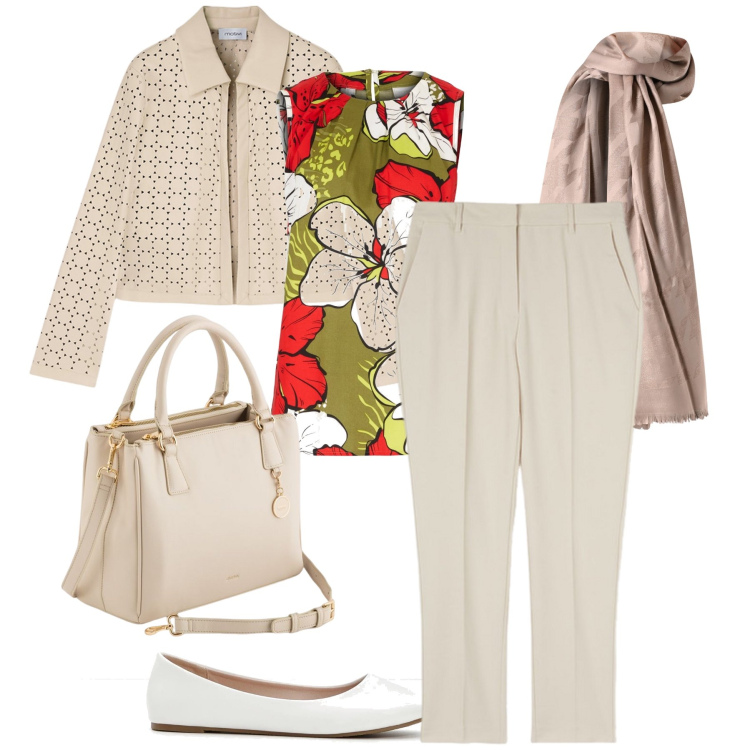 Outfit donna - Il top a fiori. Stile Bon Ton per Ufficio. Abbinamento con ballerine, top, sciarpe, blazer, pantaloni, borse a mano.