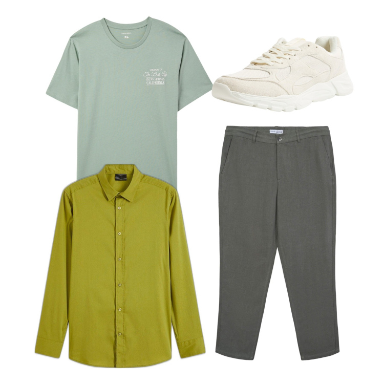 Outfit uomo - Total look. Stile Casual per Tutti i giorni. Abbinamento con camicie, t-shirt, sneakers, pantaloni chino.
