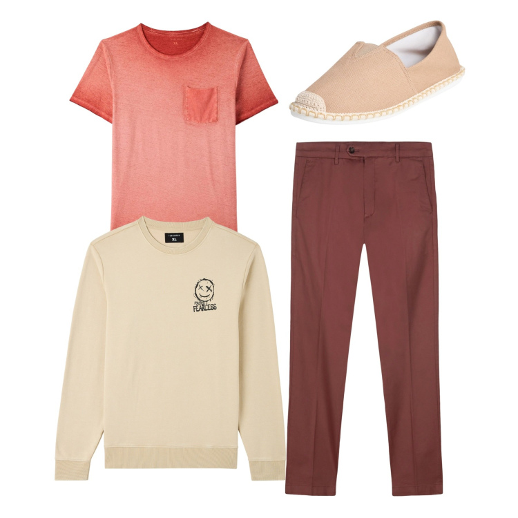 Outfit uomo - Total look. Stile Casual per Tutti i giorni. Abbinamento con t-shirt, felpe, espadrillas, pantaloni chino.