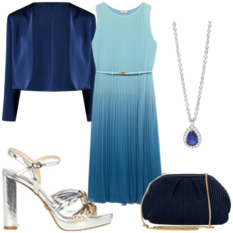 Outfit donna - Una collana per la cerimonia: glamour bl. Stile Glamour per Cerimonia. Abbinamento con pochette, bolero, sandali in pelle, collane, vestiti midi/longuette.