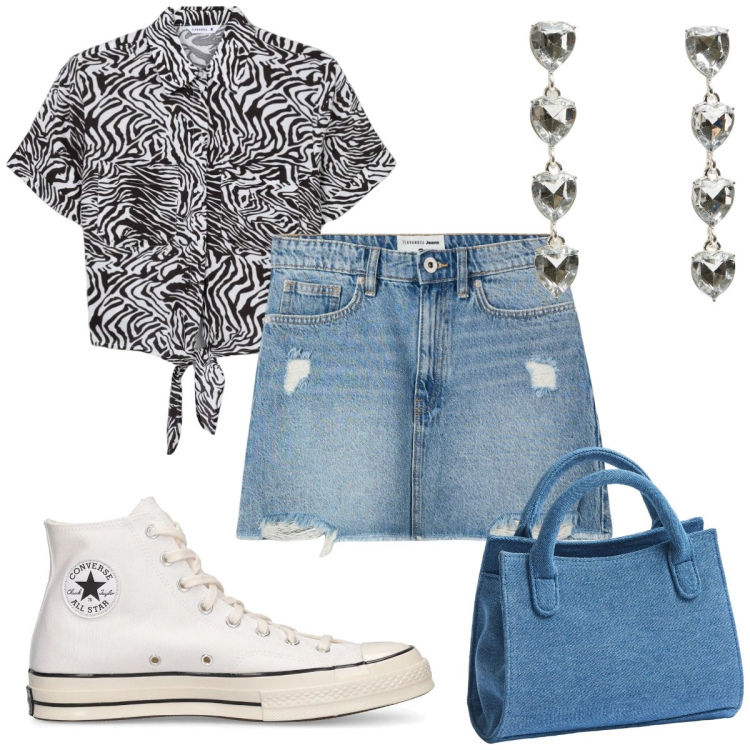 Outfit donna - Gonna e camicia: Basic. Stile Basic per Tutti i giorni. Abbinamento con minigonne, camicie a manica corta, borse a tracolla, orecchini, sneakers.