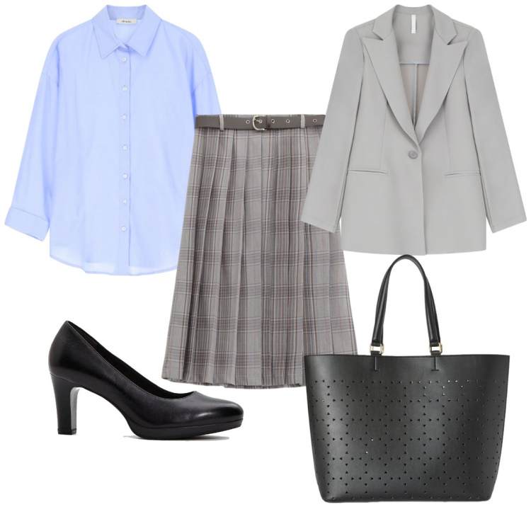 Outfit donna - Gonna e camicia: in ufficio. Stile Trendy per Ufficio. Abbinamento con décolleté, blazer, gonne, camicie, shopping bag.