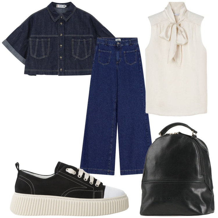 Outfit donna - Giacca cropped : in jeans. Stile Trendy per Tutti i giorni. Abbinamento con zaini, blazer, sneakers, jeans, top.