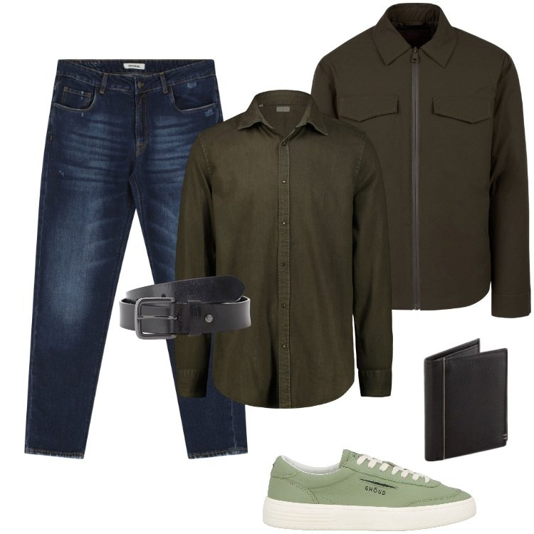 Outfit uomo - Total look #2114669. Stile Urban per Ufficio. Abbinamento con sneakers, jeans dritti, cinture, piumini, camicie, portafogli.