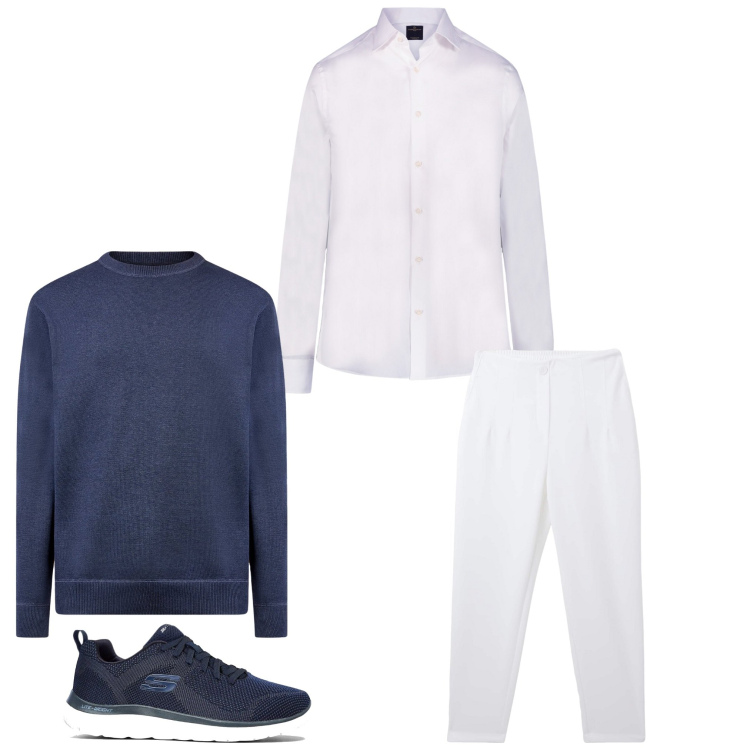 Outfit uomo - Bianco e blu. Stile Business/Elegante per Ufficio. Abbinamento con sneakers, pantaloni chino, maglieria, camicie.