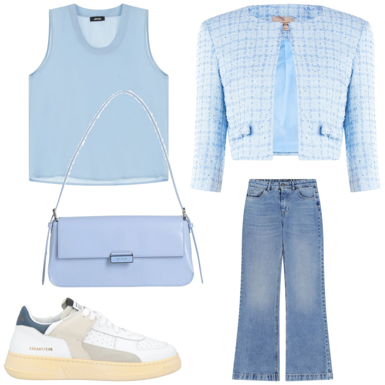 Outfit donna - Come il cielo. Stile Sporty chic per Serata fuori. Abbinamento con sneakers, borse a spalla, bolero, jeans, top.