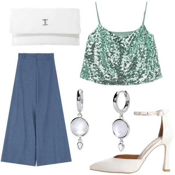 Outfit donna - Total look #2114677. Stile Casual chic per Cerimonia. Abbinamento con orecchini, jeans, top, décolleté, borse a tracolla.