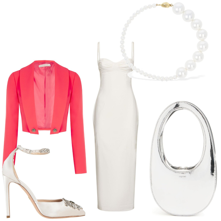 Outfit donna - Bianco chic. Stile Chic per Cerimonia. Abbinamento con décolleté, bolero, vestiti midi/longuette, borse a mano, collane.