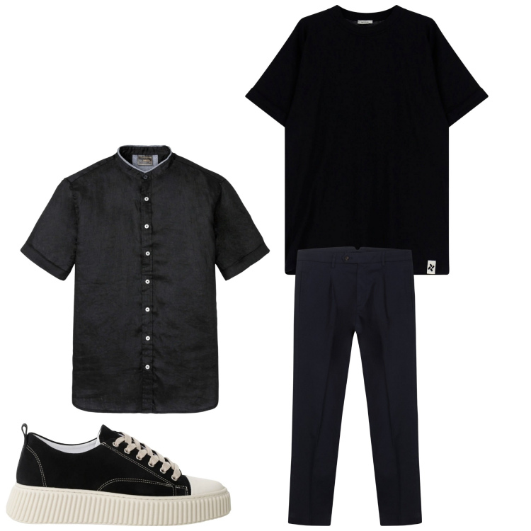 Outfit uomo - A strati. Stile Casual per Tutti i giorni. Abbinamento con camicie a manica corta, sneakers, t-shirt, pantaloni.