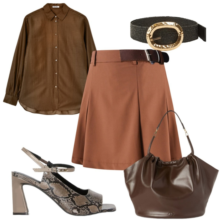 Outfit donna - Total look #2114706. Stile Trendy per Tutti i giorni. Abbinamento con minigonne, cinture, borse a secchiello, sandali col tacco, camicie.