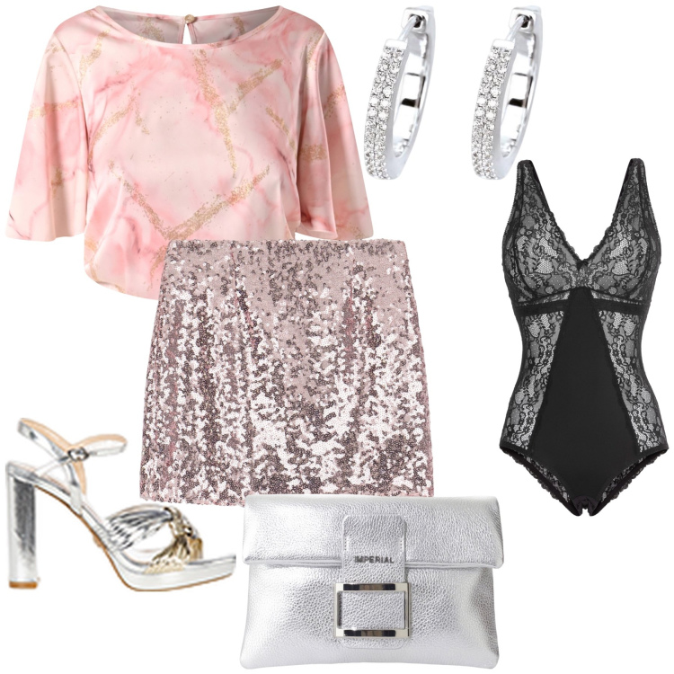 Outfit donna - Il pizzo celato. Stile Glamour per Serata fuori. Abbinamento con body, orecchini, sandali in pelle, bluse, minigonne, pochette.