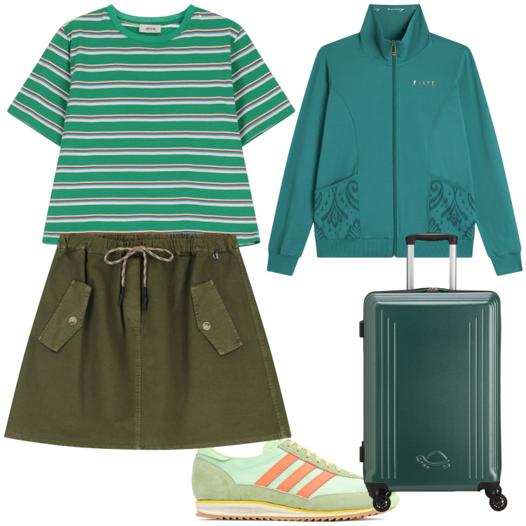 Outfit donna - Green journey. Stile Trendy per Tutti i giorni. Abbinamento con felpe, t-shirt, minigonne, sneakers, valigie.