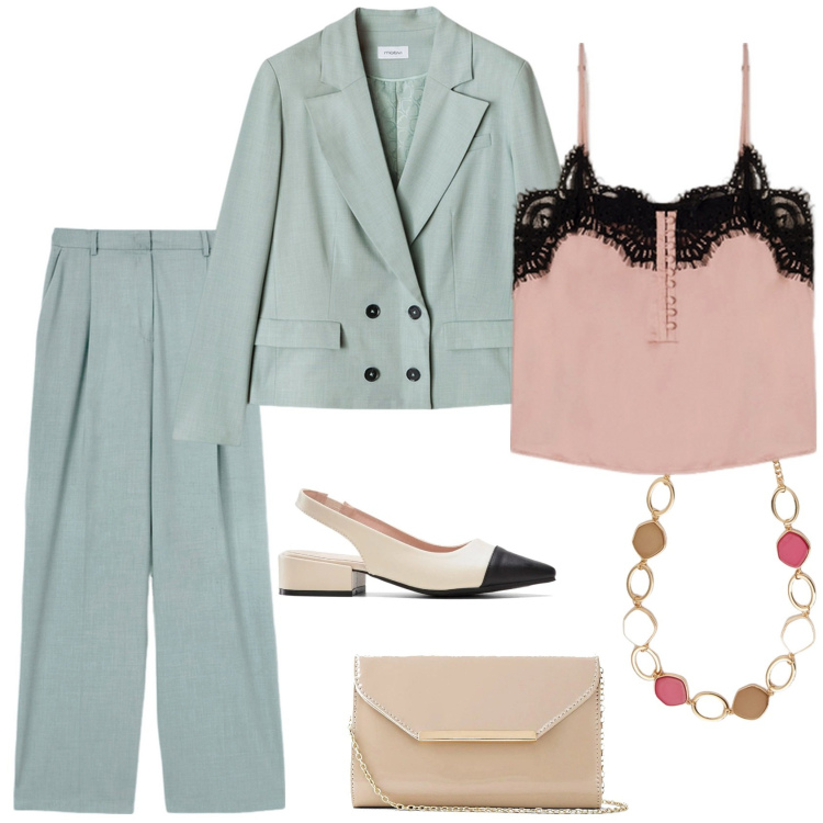 Outfit donna - Total look #2114715. Stile Chic per Cerimonia. Abbinamento con décolleté, pochette, collane, pantaloni a palazzo, blazer, top.