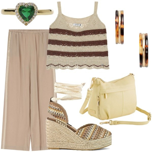 Outfit donna - Party by Please SS 2025. Stile Glamour per Serata fuori. Abbinamento con anelli, pantaloni, top, orecchini, zeppe, borse a tracolla.
