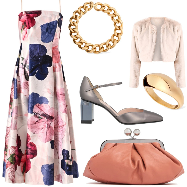 Outfit donna - Total look #2114721. Stile Chic per Cerimonia. Abbinamento con décolleté, bolero, vestiti midi/longuette, collane, anelli, pochette.