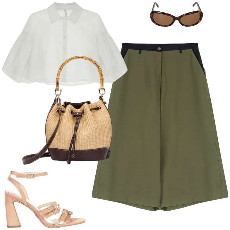 Outfit donna - Stile e comfort. Stile Urban per Tutti i giorni. Abbinamento con pantaloni, camicie, sandali col tacco, occhiali da sole, borse a secchiello.