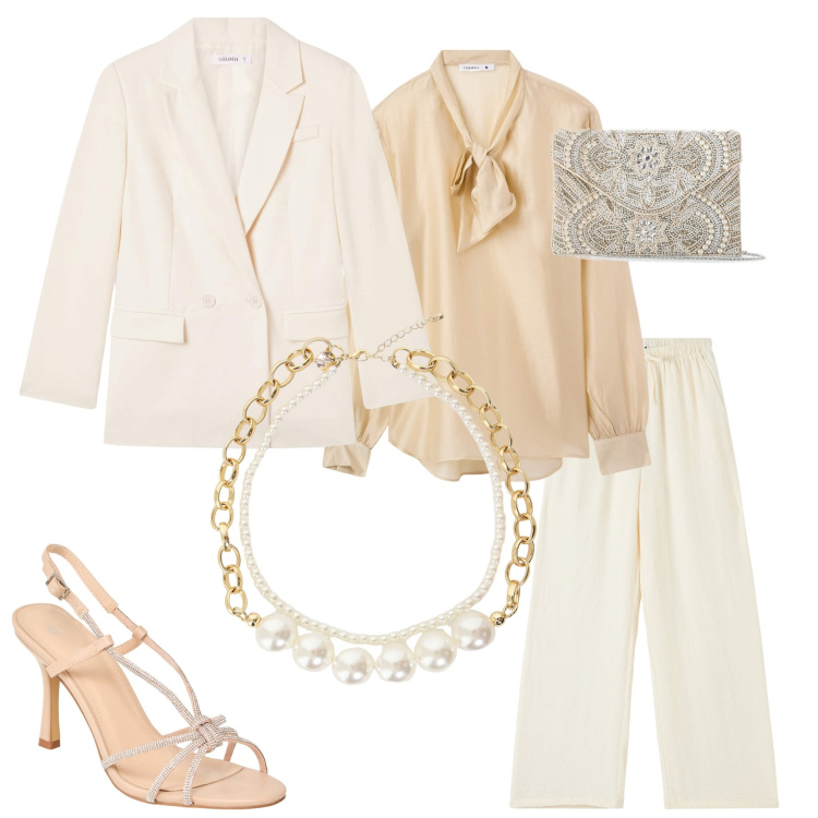 Outfit donna - Una collana per la cerimonia. Stile Chic per Cerimonia. Abbinamento con pochette, bluse, blazer, sandali col tacco, pantaloni, collane.