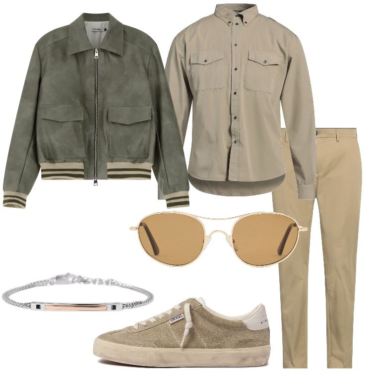 Outfit uomo - I colori della terra. Stile Trendy per Ufficio. Abbinamento con camicie, pantaloni chino, braccialetti, bomber, sneakers, occhiali da sole.