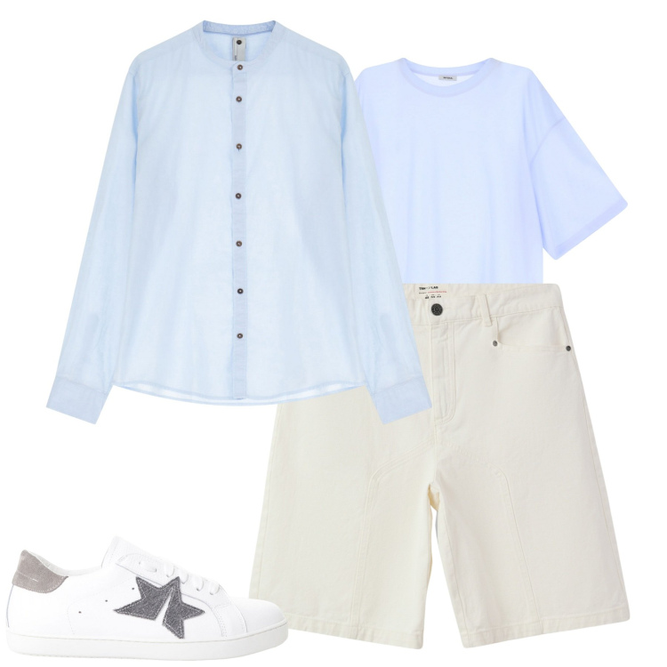 Outfit uomo - Weekend al mare. Stile Casual per Tutti i giorni. Abbinamento con bermuda, t-shirt, camicie, sneakers.
