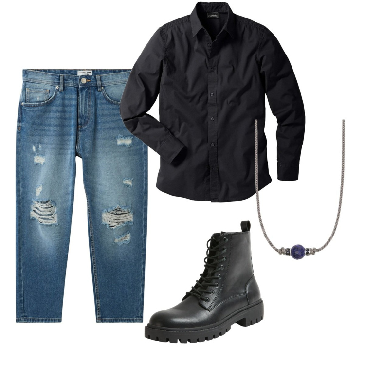 Outfit uomo - Serata con amici. Stile Urban per Tutti i giorni. Abbinamento con camicie, jeans strappati, anfibi, collane.