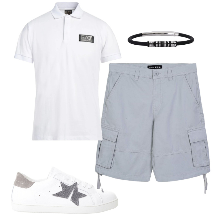 Outfit uomo - Polo e shorts. Stile Casual per Tutti i giorni. Abbinamento con polo, sneakers, bermuda, braccialetti.