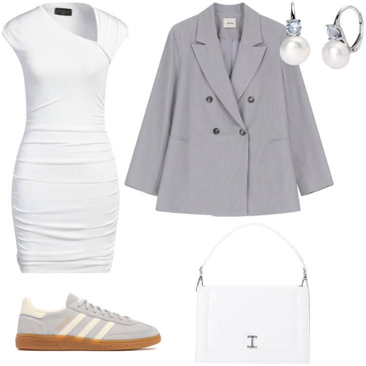 Outfit donna - Cerimonia casual. Stile Casual chic per Cerimonia. Abbinamento con vestiti midi/longuette, borse a tracolla, orecchini, blazer, sneakers.