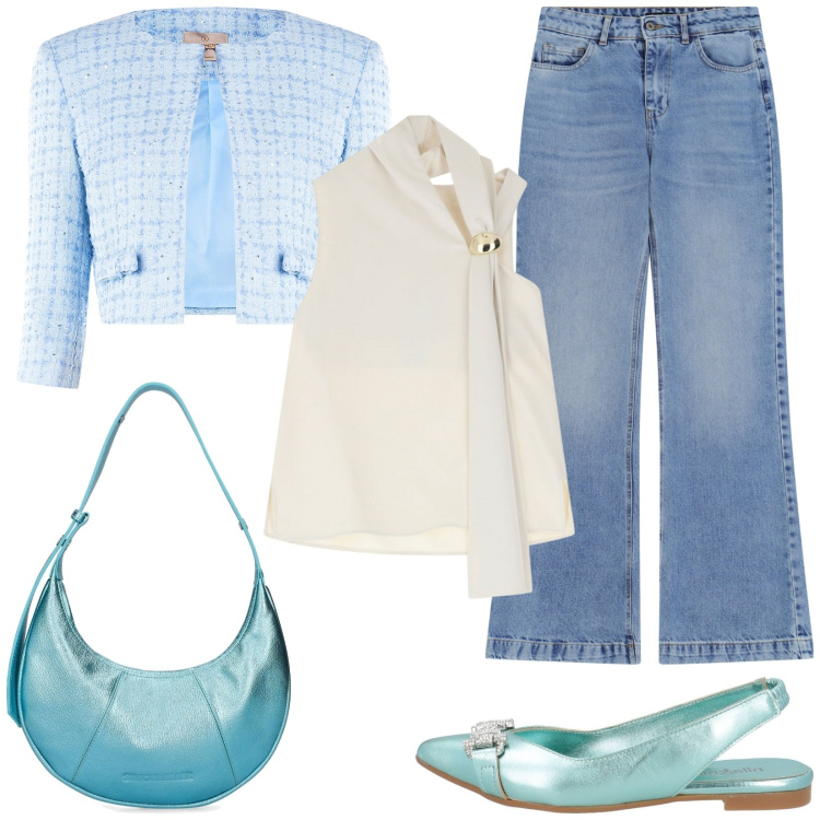 Outfit donna - Il fascino della giacca cropped. Stile Casual chic per Tutti i giorni. Abbinamento con ballerine, bolero, top, jeans, borse a spalla.