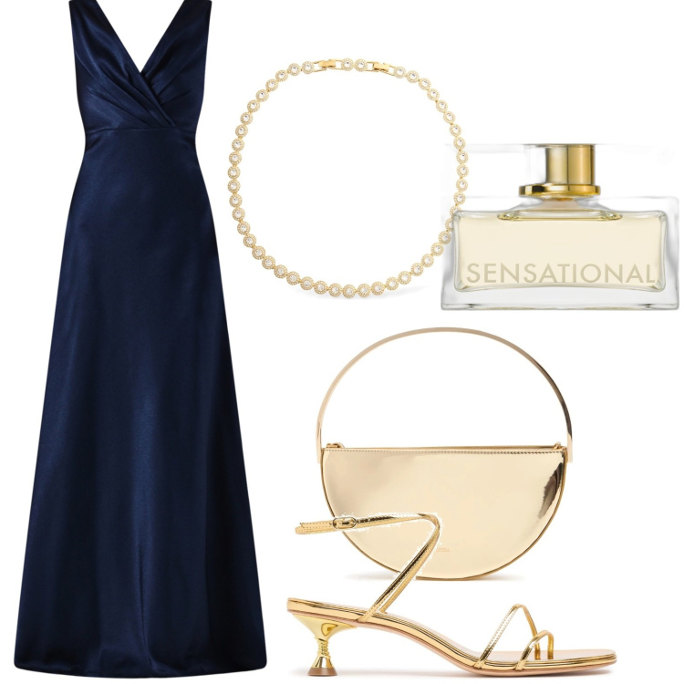 Outfit donna - Collana per un look luminoso. Stile Glamour per Cerimonia. Abbinamento con profumi, vestiti lunghi, sandali in pelle, collane, pochette.