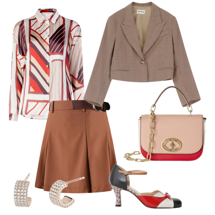 Outfit donna - Total look #2114817. Stile Chic per Ufficio. Abbinamento con décolleté, blazer, orecchini, camicie, minigonne, borse a tracolla.