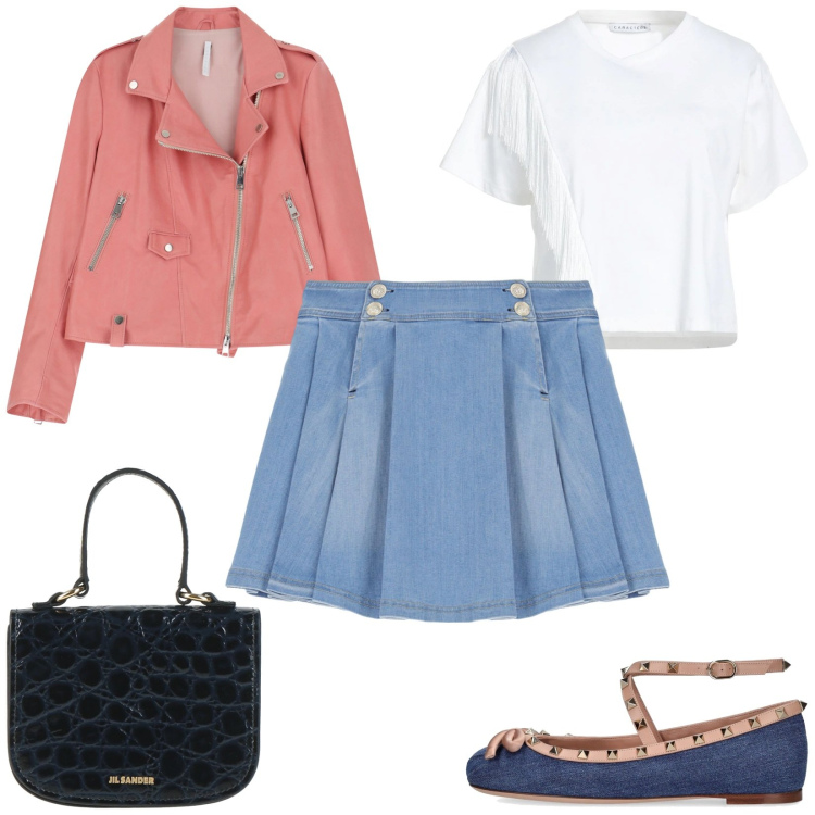 Outfit donna - Chiodo e minigonna. Stile Casual chic per Tutti i giorni. Abbinamento con borse a mano, t-shirt, minigonne, giacche, ballerine.