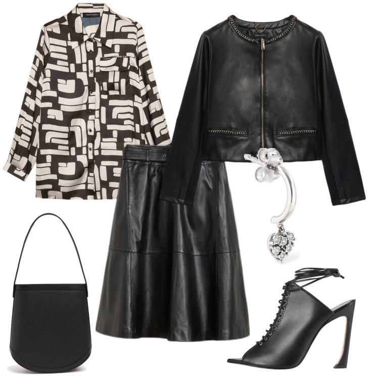 Outfit donna - Total look #2114825. Stile Casual chic per Serata fuori. Abbinamento con gonne, sandali col tacco, camicie, orecchini, borse a mano, blazer.
