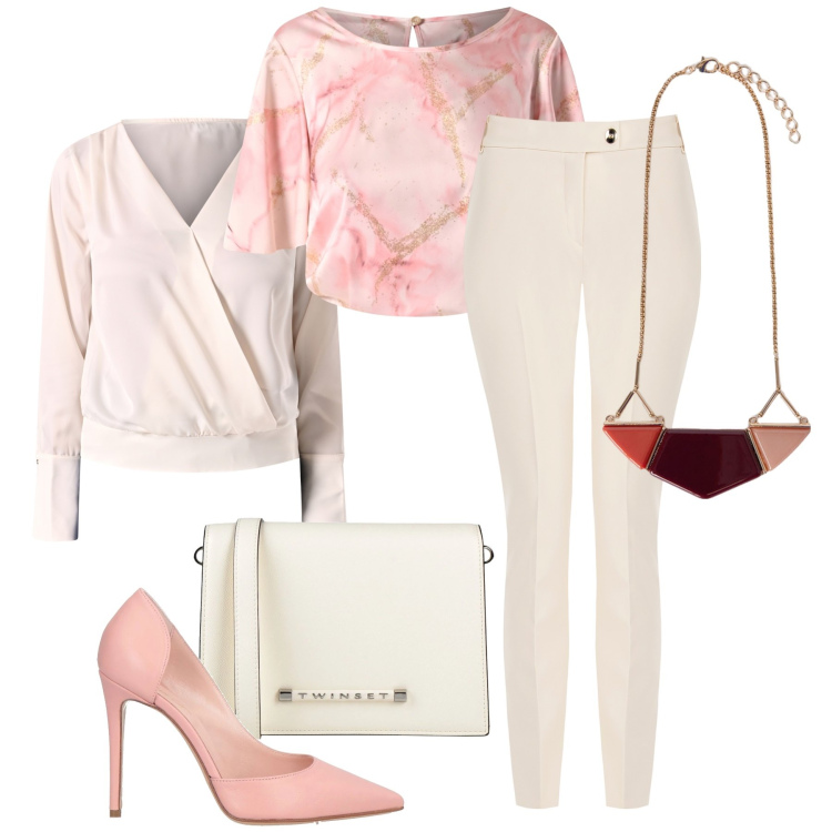 Outfit donna - Chic con Rinascimento. Stile Chic per Cerimonia. Abbinamento con borse a tracolla, décolleté, bluse, bluse, pantaloni, ciondoli.