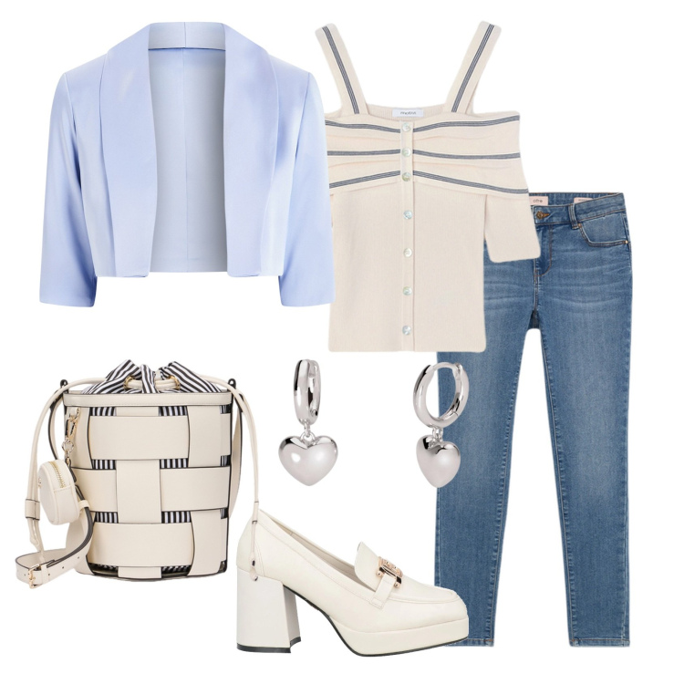 Outfit donna - Total look #2114828. Stile Casual chic per Ufficio. Abbinamento con mocassini, orecchini, bolero, borse a secchiello, jeans skinny, top.