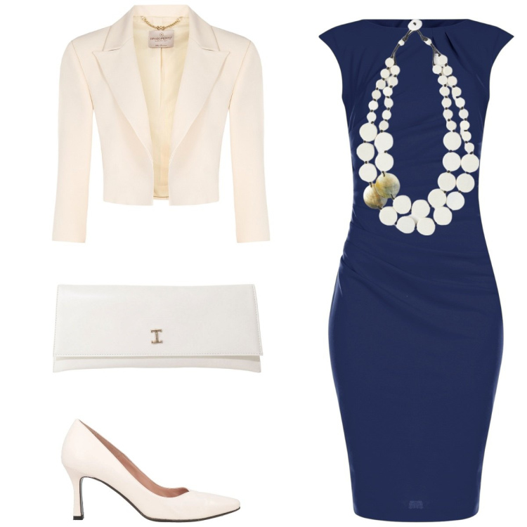 Outfit donna - Il fascino della giacca cropped. Stile Chic per Cerimonia. Abbinamento con décolleté, pochette, vestiti a tubino, bolero, ciondoli.