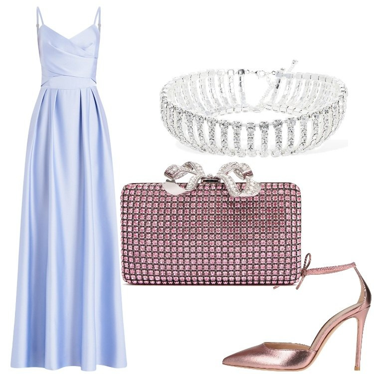 Outfit donna - Come una dea. Stile Chic per Cerimonia. Abbinamento con décolleté, vestiti lunghi, collane, pochette.