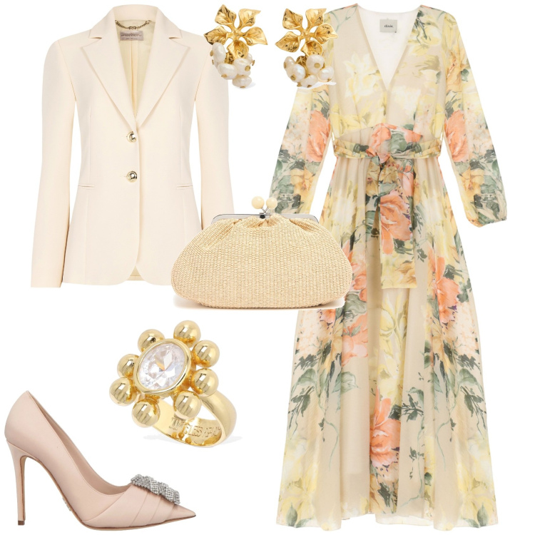 Outfit donna - Cerimonia evento speciale. Stile Romantica per Cerimonia. Abbinamento con décolleté, vestiti lunghi, blazer, anelli, orecchini, pochette.