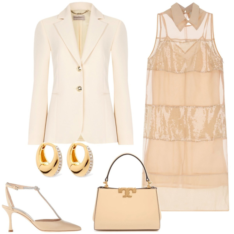 Outfit donna - Cerimonia. Stile Chic per Cerimonia. Abbinamento con décolleté, vestiti senza maniche, blazer, borse a mano, orecchini.