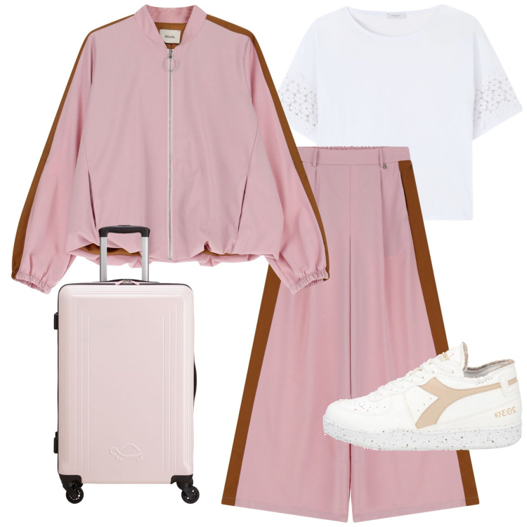Outfit donna - Total look #2114877. Stile Sporty chic per Tutti i giorni. Abbinamento con sneakers, pantaloni, bomber, valigie, t-shirt.